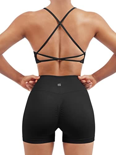 SUUKSESS Women Seamless 2 piece Workout Sets Strappy Padded Sports Bra Booty High Waisted Shorts Outfits (Black,M) - Image 1