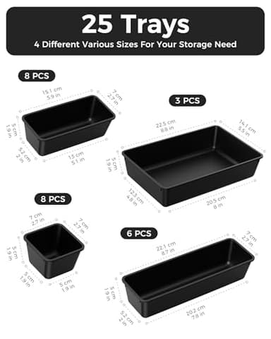 BiuLeon 25 PCS Plastic Drawer Organizers Set, 4-Sizes Vanity and Makeup Organizer, Desk and bathroom Drawer Organizer Trays, Organizers and Storage for Makeup, Jewelry, Gadgets, Utensils (Black) - Image 2