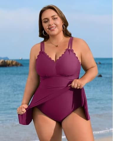 Charmo Plus Size Swimsuit for Women Swim Dress Scalloped One Piece Tummy Control Bathing Suit Ruched Swim Suits 2025 Fuchsia 2X - Image 3