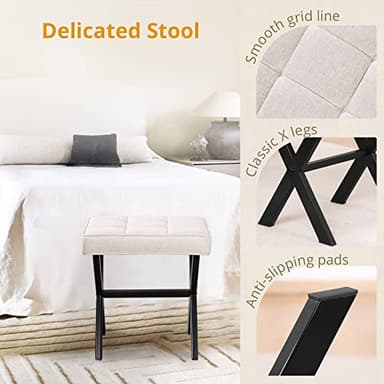 LUE BONA Ottoman Foot Stool Vanity Stool, Square Linen X-Leg Foot Rest Ottoman Makeup Stool, Small Stool Chair for Vanity, Modern Padded Vanity Seat for Makeup Room, Living Room, Bathroom, Linen Color - Image 7