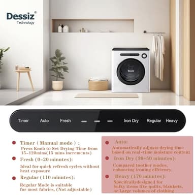 Dessiz Clothes Dryer, 970w, 1.6 Cu.Ft. Machine for laundry with Stainless Steel Drum, 11lbs with Exhaust Hose,Digital Control, Auto Stop with Hygrometer Sensor, Dryer for Apartments, Home, RV, Dorms - Image 4
