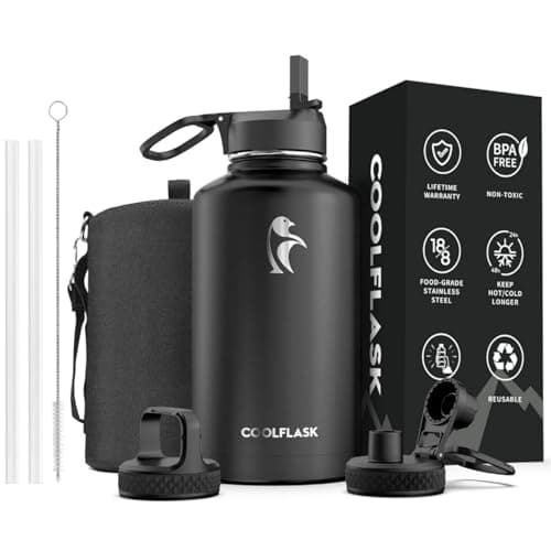 64 oz Water Bottle Insulated with Straw & 3 Lids, Coolflask Large Metal Stainless Steel Water Jug Big Half Gallon Wide Mouth for Sports, Gym or Office, Non-BPA Keep Cold 48H Hot 24H, Magic Black - Image 1