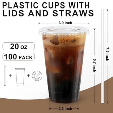Lamosi 100 Pack 20 oz Clear Plastic Cups with Lids and Straws, Disposable Iced Coffee Cups with Lids for To-Go Cold Drinks, Smoothies and Slushie - Image 3