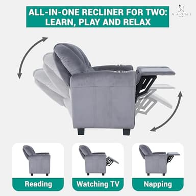 Naomi Home Suri Kids Recliner Loveseat with Cup Holders & Footrests, Gray Microfiber - Cozy 2-Seater Lounge for Children - Image 8