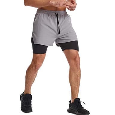 Surenow Mens 2 in 1 Running Shorts Quick Dry Athletic Shorts with Liner, Workout Shorts with Zip Pockets and Towel Loop Light Grey - Image 6