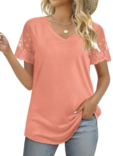 OFEEFAN Womens Summer Clothes V Neck T Shirts Loose Fit Holiday Shirts Casual Tops Coral XL - Image 4