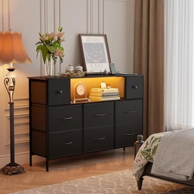 Fixwal Dresser for Bedroom TV Stand for 55 Inch TV with Charging Station and LED Light, Fabric Chest of Drawers, 8 Drawer Kids Dressers for Boys Bedroom, Living Room, Closet (Black) - Image 2