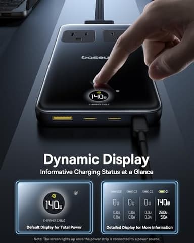 Baseus Blade Charging Station 140W, 6-in-1 Compact USB C Power Strip with 5ft Detachable Flat Extension Cord, Digital Display, Slim Fast Desktop Charger for Work and Travel (Not a Portable Battery) - Image 5