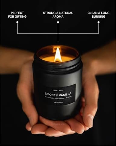 Craft & Kin Premium Smoke & Vanilla Candle | Black Fall Scented Candles for Men | Long Lasting with 45 Hour Burn Time, 7.6oz | Made with Soy | Aromatherapy at Home | Gifts for Men - Image 2