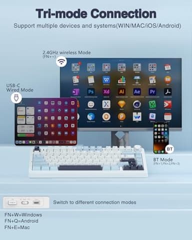 AULA F75 75% Wireless Mechanical Keyboard, Hot Swappable Creamy Keyboard, Pre-lubed Reaper Switches, 2.4GHz/Type-C/BT5.0, RGB Backlit Gaming Keyboards(White & Blue) - Image 3