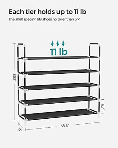 SONGMICS 5-Tier Shoe Rack, Shoe Storage for Hallway Closet, Slim and Space-Saving, Metal Frame, Non-Woven Fabric Shelves, Black ULSH55H - Image 2