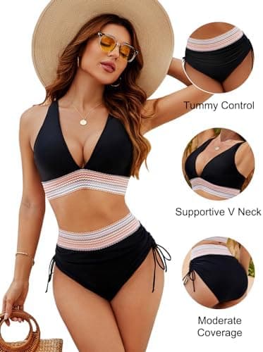 Blooming Jelly Women High Waisted Bikini Sets Tummy Control Swimsuits Color Block Two Piece Drawstring Bathing Suit - Image 6