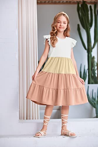 Arshiner Girls Summer Dress Ruffle Sleeve Flared Flowy Pleated Midi Cotton Casual Sundress with Pockets White & Pink 8-9 Years - Image 2