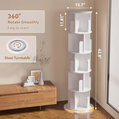 MXV Rotating Bookshelf, 360 Display 5 Tier, Small Corner Bookshelf for Small Space, Floor Standing Bookcase Storage Rack, Wood Narrow Book Shelf Organizer for Bedroom, Living Room, White - Image 2