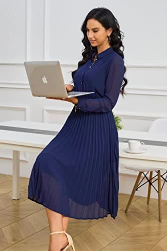 AbleTree Pleated Work Dress for Women Long Sleeve Midi Collared Dresses for Office Business Casual Church Navy Blue - Image 5
