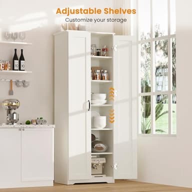 Teekyooly 70" Tall Storage Pantry Cabinet, Bathroom Floor Organizer Storage Cabinet with 2 Doors and 6 Adjustable Shelves, Standing Utility Cabinet for Dining Room, Food Storage and Kitchen, White - Image 5