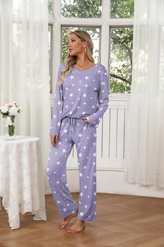 Ekouaer Womens 2 Pack Pajama Set Long Sleeve Pajamas Top and Pants V Neck Pjs Set Soft Loungewear with Pockets - Image 2