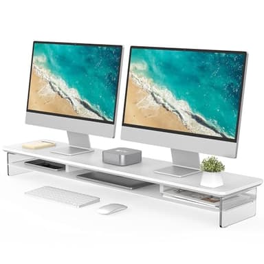 Fenge Acrylic Monitor Stand Riser, 42.5 Inches Dual Monitor Stand with Metal Storage, 2 Tier Acrylic Computer Riser for Desk, Clear Laptop Stand for PC, Laptop, Printer, TV, White - Image 1