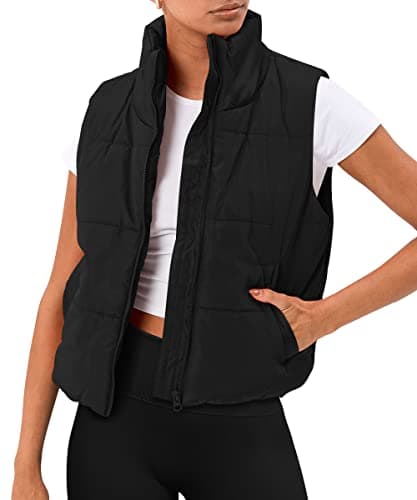 AUTOMET Puffer Vest Women Sleeveless Winter Cropped Outerwear Warm Puffy Lightweight Stand-up Collar Down with Pockets Black L - Image 1