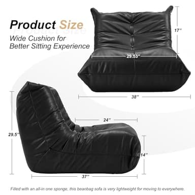 Hobestluk Giant Bean Bag Chair Lazy Floor Sofa, Memory Foam Fireside Sofa for Adults, Big Beanbag Faux Leather Armless Chair for Living Room Bedroom Dorm Office (Black, Single) - Image 2