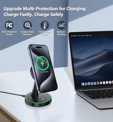 Magnetic Wireless Charger Stand 15W Fast Mag-Safe Charger for iPhone 17/17 pro/ 17 Air/ 17 pro max 16/15/14/13/12 Series Magnet Wireless Charging Station/Pad with Sleep-Friendly Light for AirPods - Image 4