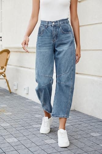 Allimy Womens Jeans High Waisted Mid Rise Baggy Loose Fit Ankle Barrel Leg Y2K Boyfriend Horseshoe Cropped Wide Leg Jeans for Women Trendy 2025 Denim Capri Pants Women Blue Size 4 - Image 4