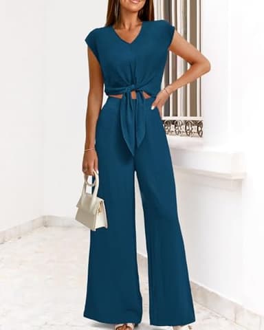 PRETTYGARDEN Two Piece Outfits For Women 2025 V Neck Cap Sleeve Strappy Crop Tops Loose Fit Wide Leg Pants Sets(Solid Teal,Medium) - Image 7