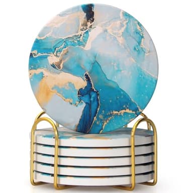6 Pcs Light Blue Marble Abstract Ceramic Coasters with Holder Best Round Drink Absorbent Coasters for Desk, Lounge, Coffee, Wine, Beverage, Dining Table Decor, Bar Coaster Set - Image 1