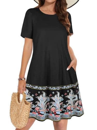 elescat Summer Dresses for Women Casual Loose Short Sleeve Sundress Scoop Neck Beach Cover Up with Pockets(Black Floral, L) - Image 1