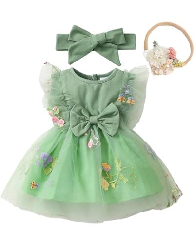 Renotemy Infant Baby Girl Tulle Tutu Dress Green Embroidery Sleeveless Boho Fairy Baptism Princess Wedding Birthday Party Dresses for Baby Girls with Flower Headband 6-12 Months - Image 1