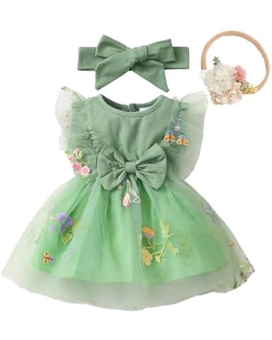 Renotemy Infant Baby Girl Tulle Tutu Dress Green Embroidery Sleeveless Boho Fairy Baptism Princess Wedding Birthday Party Dresses for Baby Girls with Flower Headband 6-12 Months - Image 1