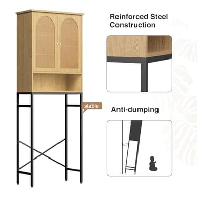 FiveWillowise Rattan Toilet Storage Cabinet, Over The Rack Wood Cabinet with Metal Stand, Bathroom Organizer with Adjustable Shelf, Tall Freestanding Washer Shelf, Small Cupboard, Natural - Image 7