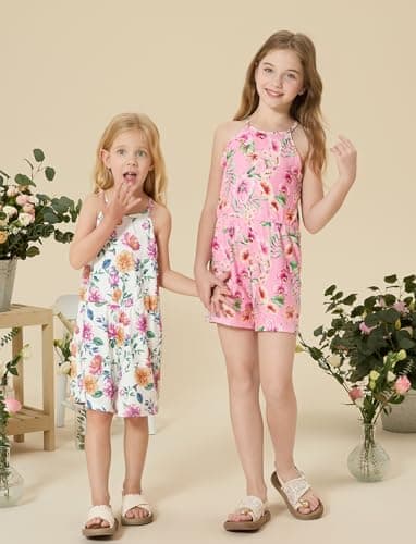 PATPAT Girls Rompers Size 9-10 White Pink Floral Print 2 Pack Rompers For Girls Sleeveless Halter Neck Wide Leg One Piece Spaghetti Strap Jumpsuits Shorts Spring Outfits Tropical Jumpsuits - Image 3