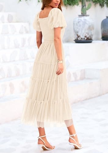 PRETTYGARDEN Women's Smocked Midi Tulle Dress 2025 Summer Puffy Short Sleeve Square Neck Ruffle Wedding Guest Party Dresses (Beige,Small) - Image 7