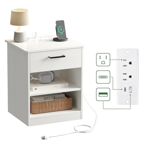 ODIKA Everyday Side Table with Fast Charging Station - USB C Cable Fast Charging, Wooden White Nightstand Bedside Table with Drawer, End Table with Optional Adjustable Shelf for Bedroom, Set of 1 - Image 1