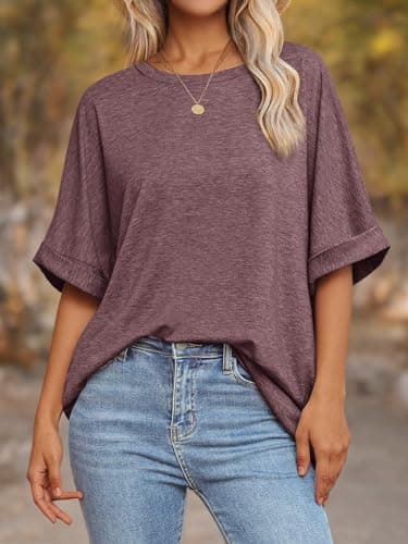 ATHMILE Tshirts Shirts for Women Loose Fit Crewneck Short Sleeve Summer Casual Blouse 2025 Y2K Tee Tops Wine Red - Image 7