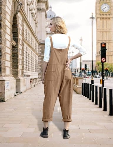 YESNO Women Long Casual Loose Bib Pants Overalls Baggy Rompers Jumpsuits with Pockets (S PV9 Camel) - Image 4
