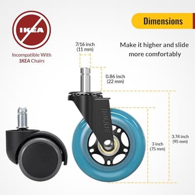 HOLKIE Office Chair Wheels 11x22mm Blue 3 Inch Desk Roller Blade Caster Replacement for Office, Rubber Rolling Wheels-Set of 5 for Hardwood Floors Gaming Chair Casters Smooth & Silence Gliding - Image 2