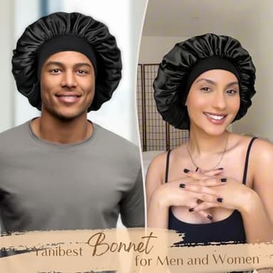 YANIBEST Silk Bonnet for Men Women Hair Bonnet for Sleeping Double Layer Satin Bonnets for Black Women Curly Hair Sleep Cap,Black - Image 2