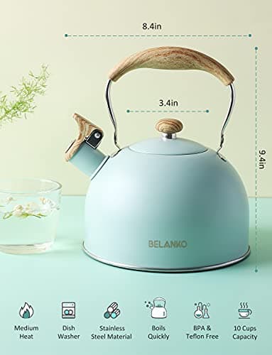 Tea Kettle, BELANKO 85 OZ / 2.5 Liter Whistling Tea Kettle, Tea Pots for Stove Top Food Grade Stainless Steel with Wood Pattern Folding Handle, Loud Whistle Kettle for Tea, Coffee, Milk - Turquoise - Image 5