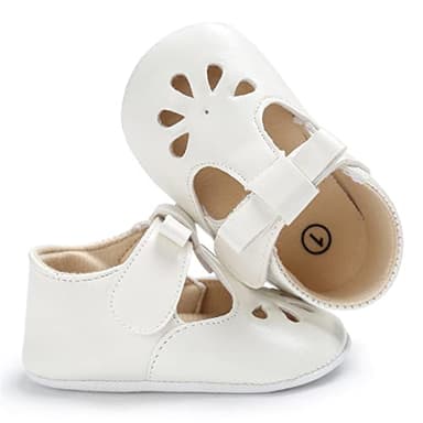 LAFEGEN Baby Girls Mary Jane Flats with Bownot Non Slip Soft Sole PU Leather Newborn Infant Toddler First Walker Cirb Dress Shoes, 0-6 Months Infant, 15 White - Image 3