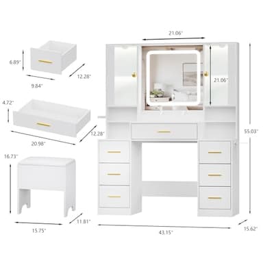 BORNOON Makeup Vanity with LED Light Strip Mirror and Chair, 7 Drawers & 2 RGB Cabinets White Vanity Makeup Desk with Power Strip, Adjustable LED Lighting, and Cushioned Stool for Women, Girls, Teens - Image 7