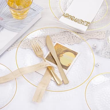 Rubtlamp 175 Pcs Plastic Dinnerware Set (25 Guests), Clear And Gold Plastic Plates, Hammered Party Plates Include Dinner Platos, Dessert Platos, Cups, Gold Cutlery Set And Napkins for Party - Image 8