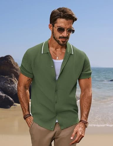 Men's Knit Short Sleeve Button Down Shirt Vintage Striped Polo Shirts Textured Shirt Army Green - Image 2