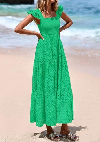 PRETTYGARDEN Womens Summer Square Neck Maxi Dresses Cap Sleeve Eyelet Smocked Tiered A Line Flowy Long Dress with Pockets (Green,Medium) - Image 8