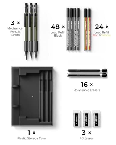 Four Candies 1.3mm Mechanical Pencil Set with 72 Lead Refill, 3PCS Metal Weatherproof Body Heavy Duty Carpenter Pencil, 3 Eraser, 16 Eraser Refill, for Outdoor Woodworking Drafting Marking with Case - Image 7