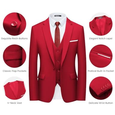 WULFUL Men’s Slim Fit Suit One Button 3-Piece Blazer Dress Business Wedding Party Jacket Vest & Pant Wine Red - Image 5