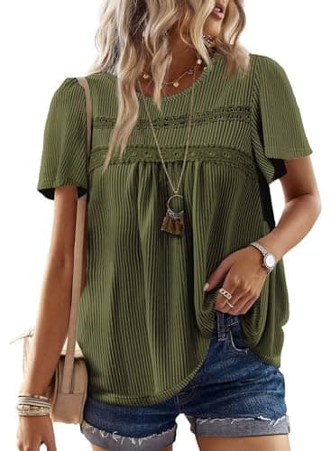 Falechay Plus Size Tops for Women Peasant Keyhole Button with Elastic Loop Dressy Casual Crewneck Flowy Blouses Striped Summer Boho Shirts Green XXL - Image 1