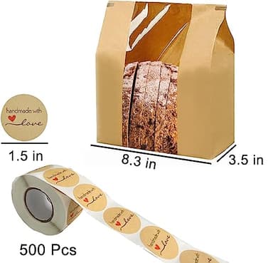 NOONEAST 100 Pack Large Paper Bread Bags for Homemade Bread Sourdough Bags 14" x 8.3" x 3.5" with Tin Tie Tab Lock Clear Front Window Bakery Bag Packaging Cookie Bag with Label Seal Stickers - Image 6