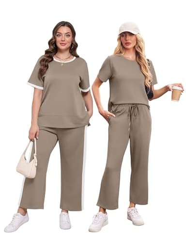XIEERDUO Two Piece Lounge Sets for Women Casual Summer 2 PC Travel Outfits Spring Fashion Short Sleeve Tracksuit Cozy Wide Leg Airport Loungewear Women's Holiday Vacation Clothes Khaki S - Image 3
